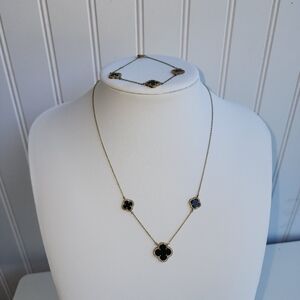 2PC EHC 925 Gold Toned Sterling Silver Black Clover Stations Necklace + Braslet